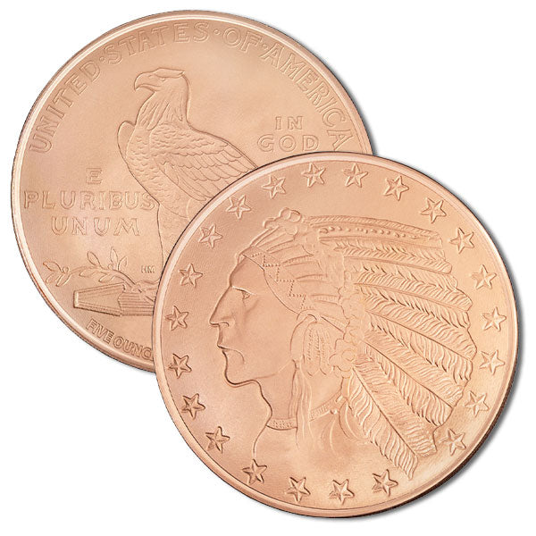 Copper Incuse Indian Head Round - 5 AVDP Oz, .999 Pure Copper