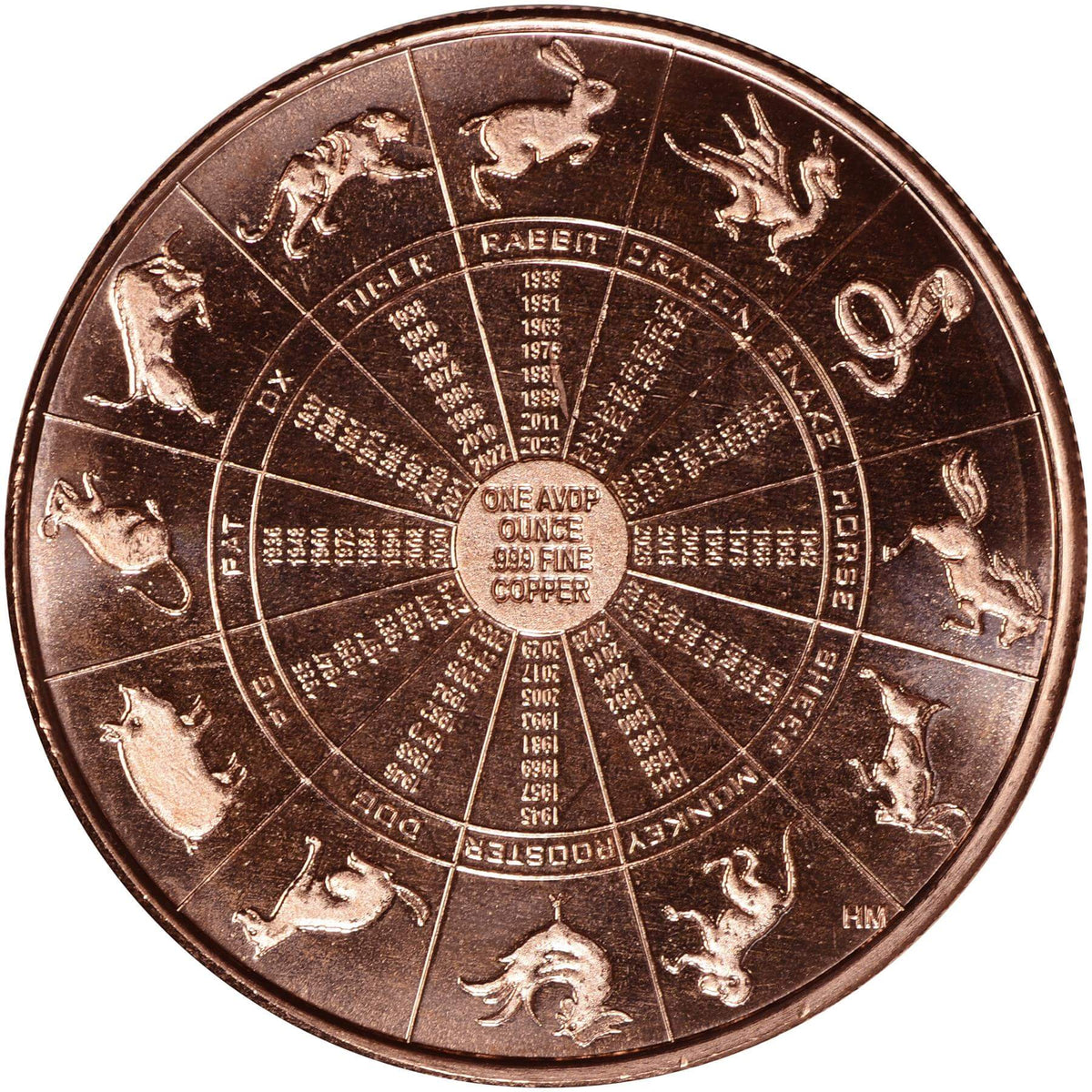 1 oz. Highland Mint Copper Round .999 Fine - Lunar Calendar -