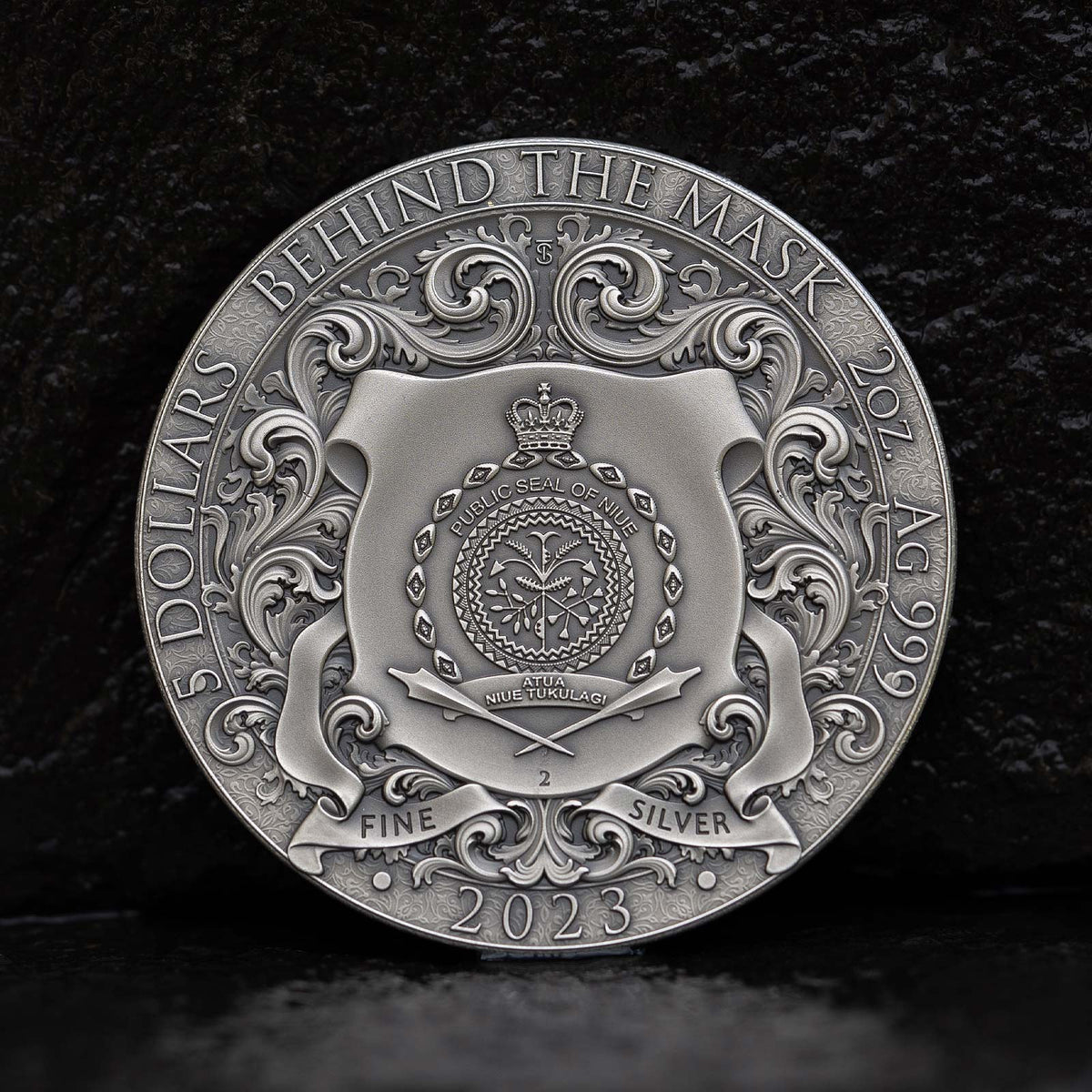 2023 $5 Niue Behing The Mask 2 oz 999.9 Ag
