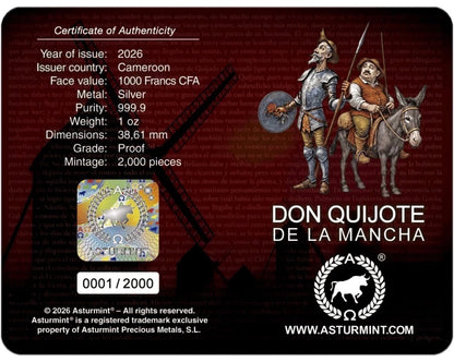 2026 Cameroon 1 oz Silver Don Quijote de la Mancha- Blister Pack
